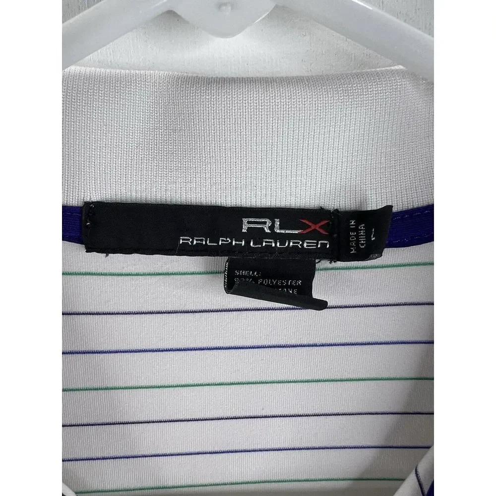 RLX Ralph Lauren Polo Shirt White with Green‎ Stripes Stretch Short Sleeve Golf